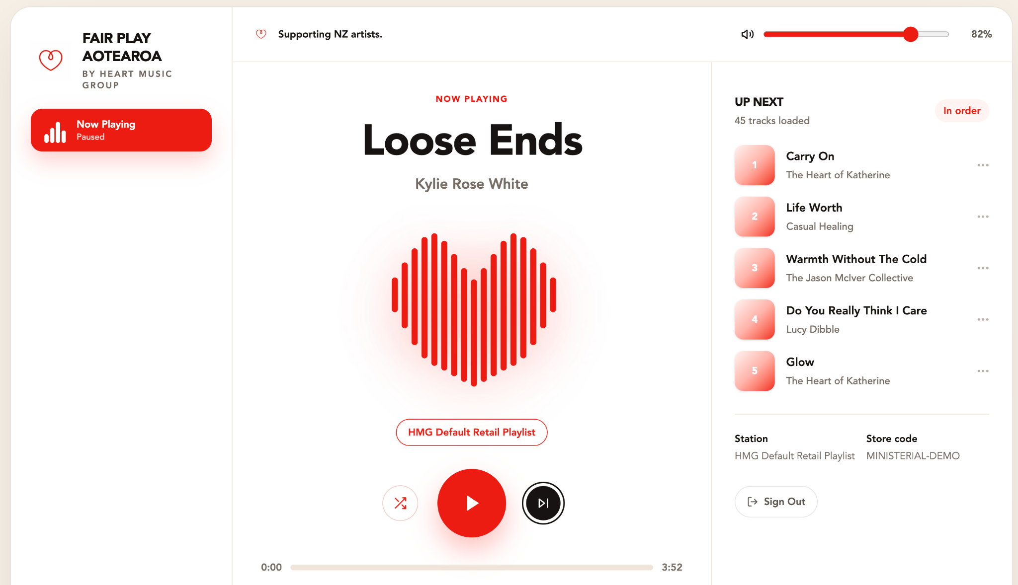 Fair Play Aotearoa business music player showing Loose Ends by Kylie Rose White and the upcoming playlist