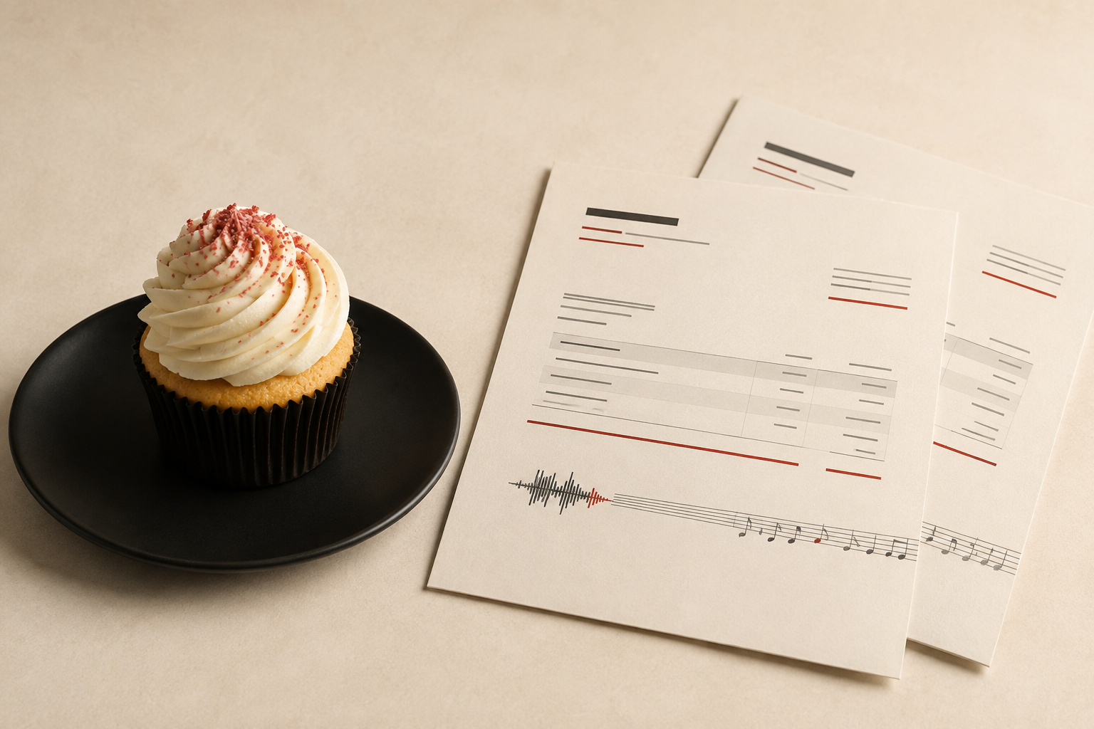 An artisanal cupcake beside overlapping music licensing documents, illustrating duplicated licensing costs