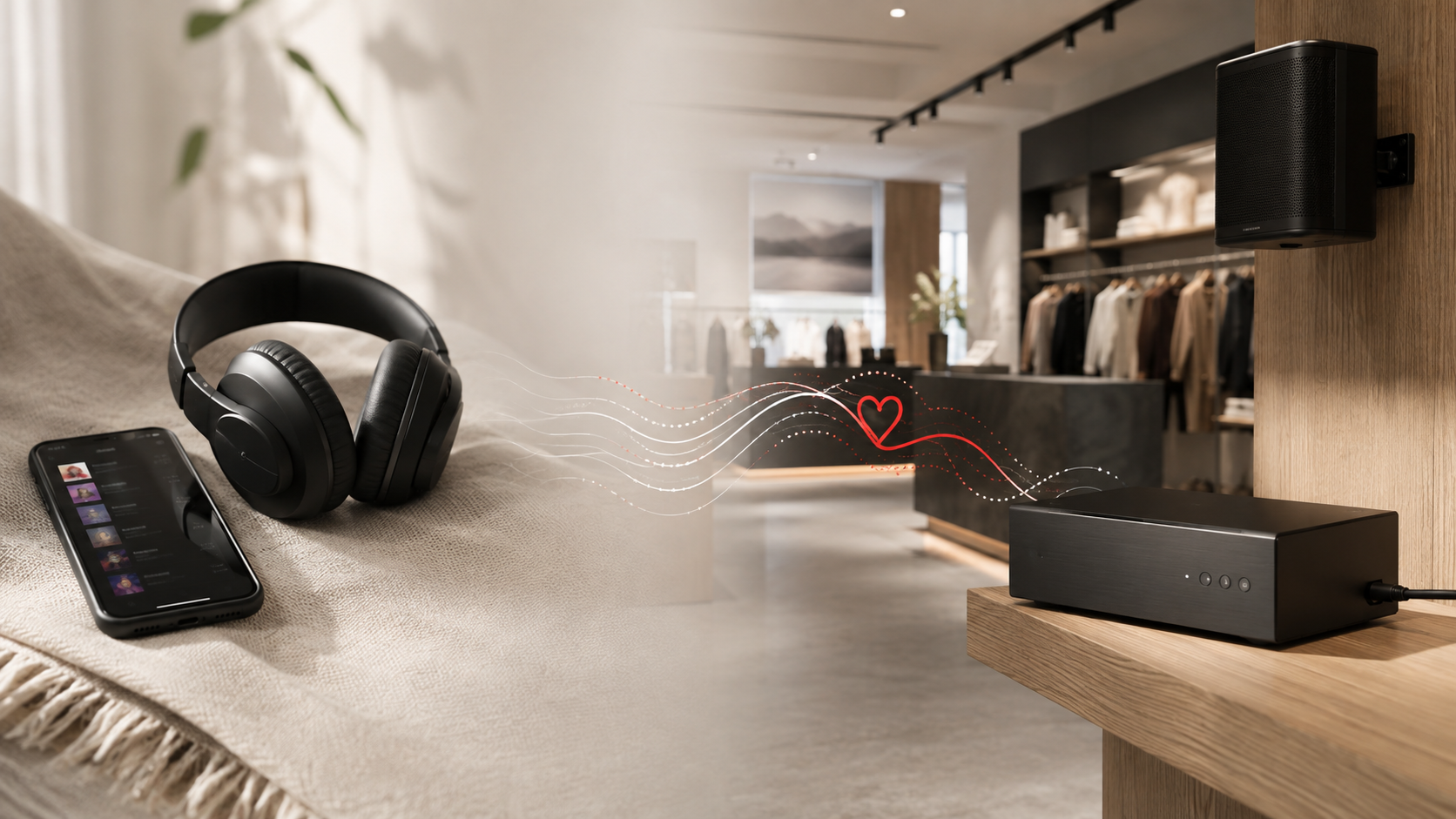 Editorial image contrasting personal music streaming with a professionally managed in-store music system